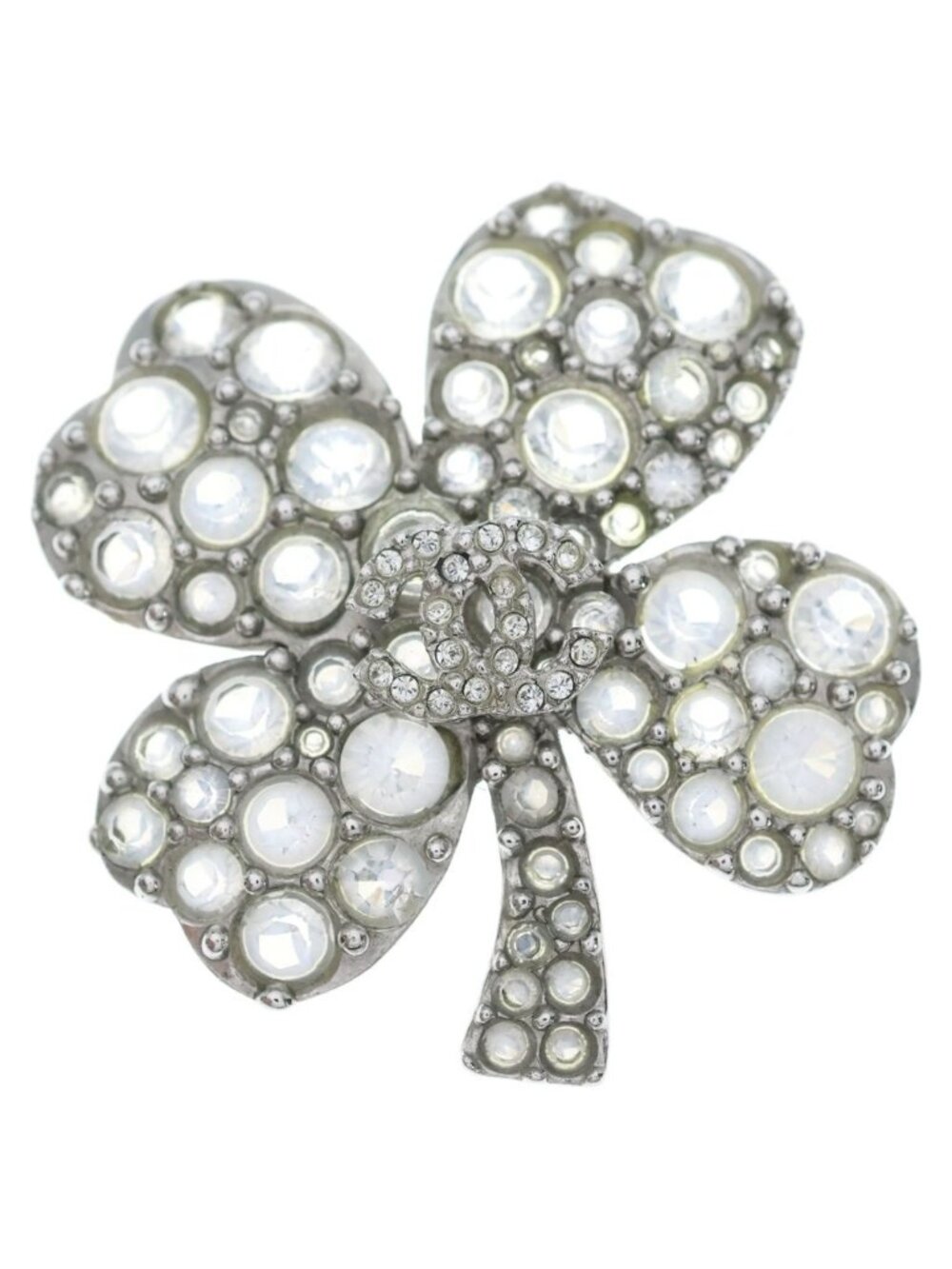 Chanel CC Logo Clover Rhinestone Brooch Metal Silver